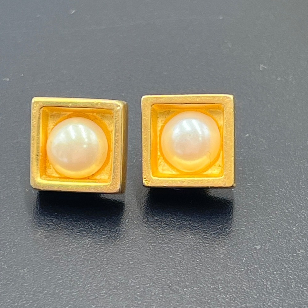 Karl Lagerfeld Vintage GoldPlated Square Frame Pearl Stud Earrings Designer